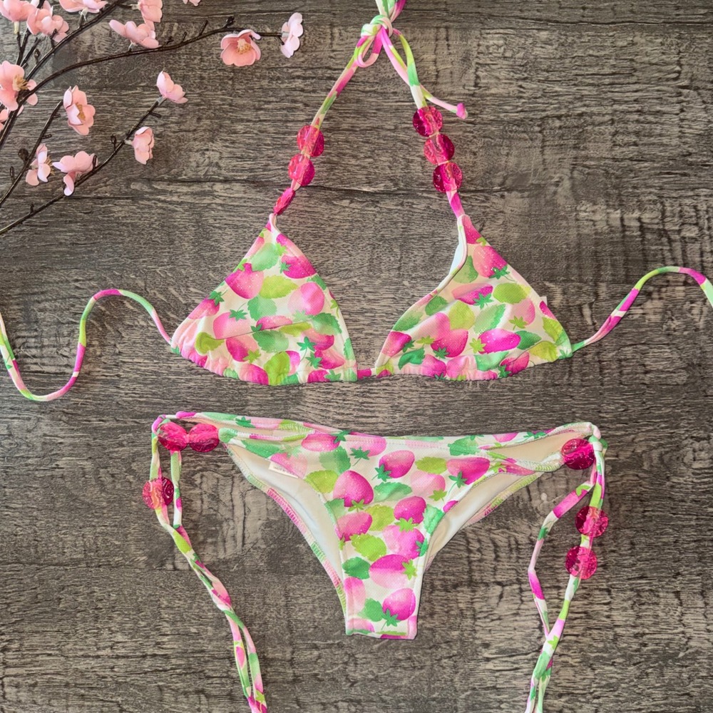 Vintage Beach Bunny Strawberry Bikini Set Pink Beaded Rare 1 of 500 Y2K Small